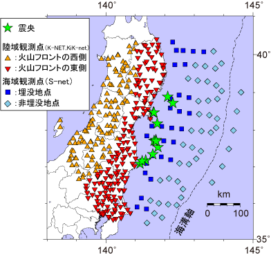 使用観測記録の震央と観測点